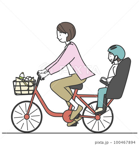 子供を後ろに乗せて自転車に乗る買い物帰りの女性のイラスト素材