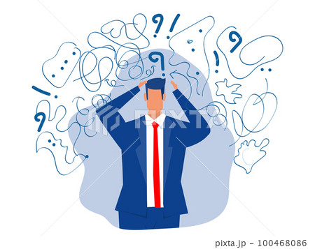 Business man suffers from obsessive thoughts; headache; unresolved issues; psychological trauma; depression.Mental stress panic mind disorder illustration Flat vector illustration. 100468086