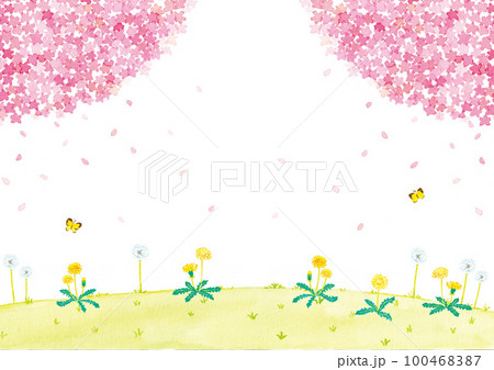 春の風景　桜とたんぽぽ　水彩イラスト 100468387