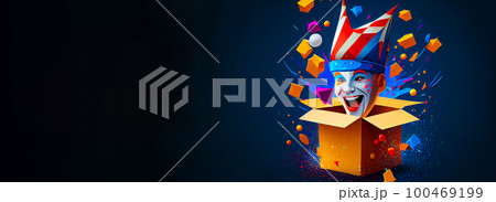 Jack in the Box with confetti, jester hat. April fool day concept with box surprise. Banner 3D illustration with a copy of the place for the text Jack in the Box with confetti, jester hat. April fool day concept with box surprise. Banner 3D illustration with a copy of the place for the text 100469199