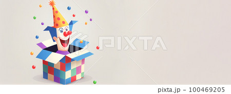 Jack in the Box with confetti, jester hat. April fool day concept with box surprise. Banner 3D illustration with a copy of the place for the text 100469205