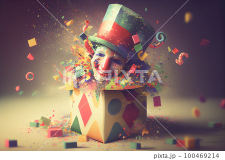 Jack in the Box with confetti, jester hat. April fool day concept with box surprise. Banner 3D illustration with a copy of the place for the text 100469214