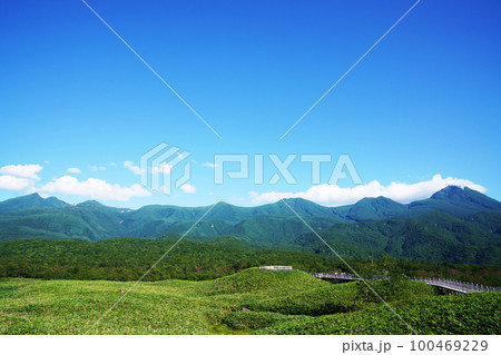 夏の知床連山と木道　北海道 100469229