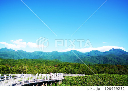 夏の知床連山と木道 北海道 夏の知床連山と木道 北海道 100469232