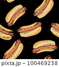 Seamless pattern of the hot dog. handmade street food hot dog banner in doodle style, black outline and color pattern, sausage roll and green salad on white for menu label design 100469238