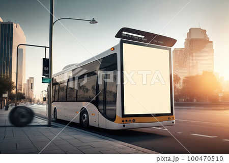 AI generated Bus with blank white billboard on the street 100470510