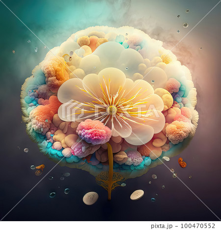 AI generated abstract multicolored composition, giant mushroom in shape of colourful flowers 100470552