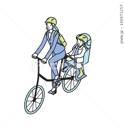 ヘルメット着用で自転車に乗る親子 100471257