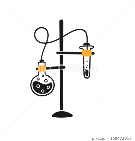 Science laboratory experiment. Lab chemistry test. Hand drawn chemical processes. Doodle vector illustration with lab glass flask, pipleline on white background 100472017