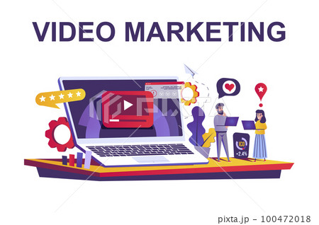 Video marketing web concept in flat style. People create and posting video content, promote, seo optimization, development strategy scene. Vector illustration of cartoon characters for website design 100472018