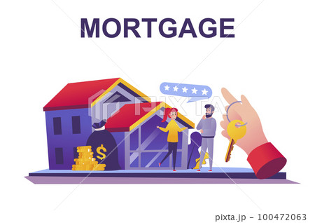 Mortgage loan web concept in flat style. People borrowers buying home, Manager gives key to family, bank credit for real estate scene. Vector illustration of cartoon characters for website design 100472063