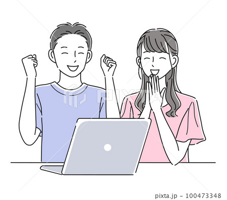 ノートパソコンの前で喜ぶ男女のイラスト素材 100473348