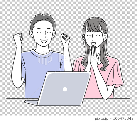 Illustration material of men and women who are happy in front of a laptop 100473348