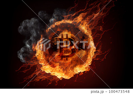 Burning in fire golden bitcoin on black background, Bitcoin coin in flames, burn cryptocurrency bit coin money, crash and blockchain bubble, Generative AI Burning in fire golden bitcoin on black background, Bitcoin coin in flames, burn cryptocurrency bit coin money, crash and blockchain bubble, Generative AI 100473548