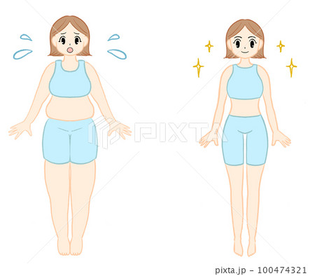ダイエット中の女性　ビフォーアフターイラスト 100474321