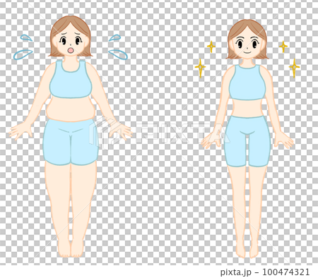 ダイエット中の女性　ビフォーアフターイラスト 100474321