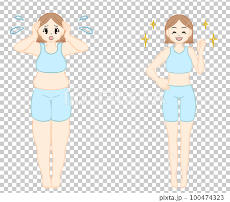 Woman on a diet before and after illustration Woman on a diet before and after illustration 100474323