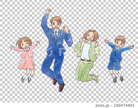 笑顔でジャンプする4人家族 フォーマル 春 入学 新生活 笑顔でジャンプする4人家族 フォーマル 春 入学 新生活 100474903
