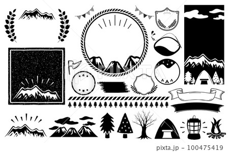 キャンプやアウトドアシーンに使えるナチュラルでシンプルおしゃれデザインフレームセット_白黒_文字なし キャンプやアウトドアシーンに使えるナチュラルでシンプルおしゃれデザインフレームセット_白黒_文字なし 100475419