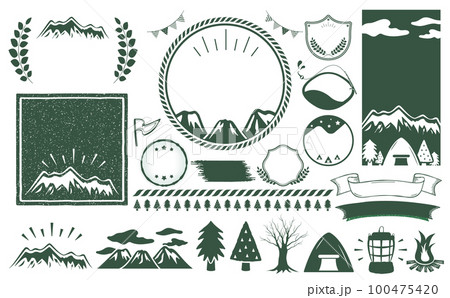 キャンプやアウトドアシーンに使えるナチュラルでシンプルおしゃれデザインフレームセット_深緑_文字なし キャンプやアウトドアシーンに使えるナチュラルでシンプルおしゃれデザインフレームセット_深緑_文字なし 100475420