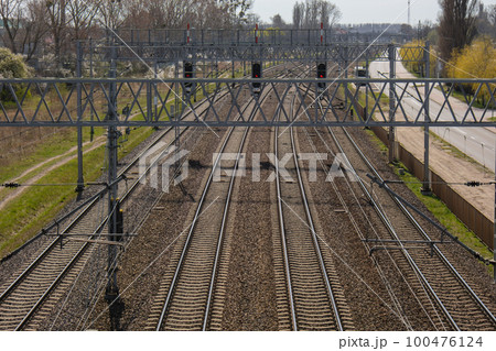 Railway station from above. Reconstructed modern railway infrastructure. The way forward railway for train. Empty Railway track. Transportation 100476124