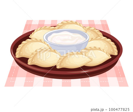 Vareniki with sour cream in a bowl. Ukrainian national cuisine. Food illustration, vector. Vareniki with sour cream in a bowl. Ukrainian national cuisine. Food illustration, vector. 100477825