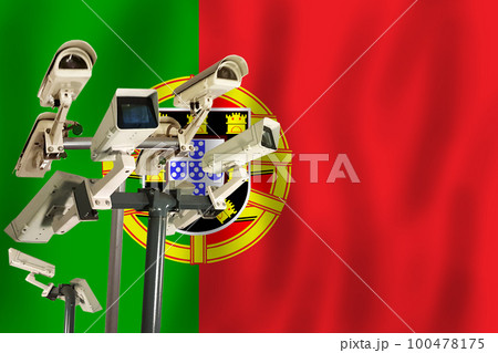 Portuguese CCTV camera on the flag of Portugal Surveillance, security Portuguese CCTV camera on the flag of Portugal Surveillance, security 100478175