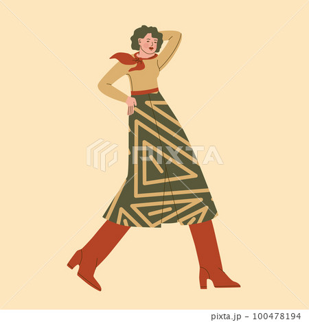 Fashion and style of the 70s. Cute young woman in a long skirt and high boots with a scarf around her neck. Vector trendy illustration. 100478194