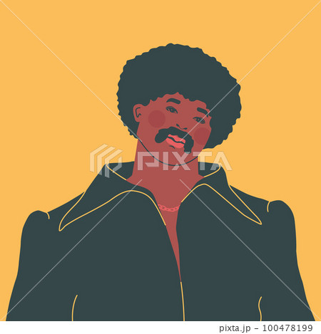 Fashion and style of the 70s. Handsome afro young man in a vintage look. Vector fashion illustration. Fashion and style of the 70s. Handsome afro young man in a vintage look. Vector fashion illustration. 100478199