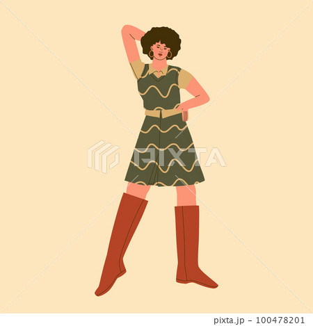 Fashion and style of the 70s. Cute young woman in a short skirt, waistcoat and high boots. Vector trendy illustration. Fashion and style of the 70s. Cute young woman in a short skirt, waistcoat and high boots. Vector trendy illustration. 100478201