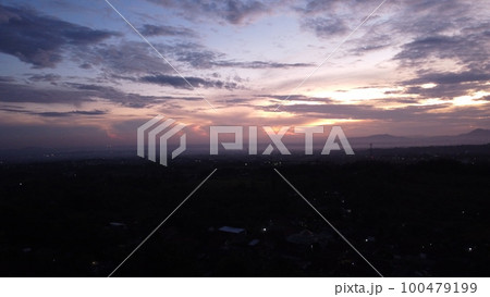 Drone photos of natural sun rising misty 100479199