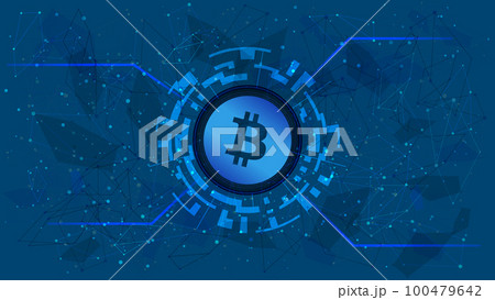 Bitcoin token symbol in a digital circle with a cryptocurrency theme on a blue background. BTC coin icon. Digital gold for website or banner. Copy space. Vector EPS10. 100479642