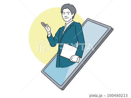 スマホからあらわれ案内するビジネスマン スマホからあらわれ案内するビジネスマン 100480213