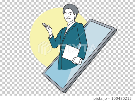 スマホからあらわれ案内するビジネスマン スマホからあらわれ案内するビジネスマン 100480213
