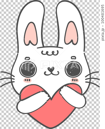 kawaii happy smile white bunny holding red heart, cute whimsical rabbit kid cartoon doodle hand drawing 100481695