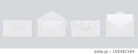Realistic envelope. Design template for mockup. Opened and closed realistic mockup. Blank stationery letter folded and unfolded view. White paper envelopes for office document or message Realistic envelope. Design template for mockup. Opened and closed realistic mockup. Blank stationery letter folded and unfolded view. White paper envelopes for office document or message 100482564