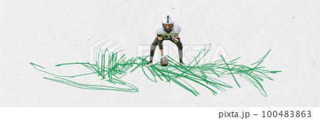 Contemporary art collage. Professional american football player during game over grey background with abstract design element. 100483863