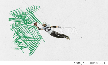 Contemporary art collage. Young male professional american football player in motion, training over grey background with abstract design element 100483901