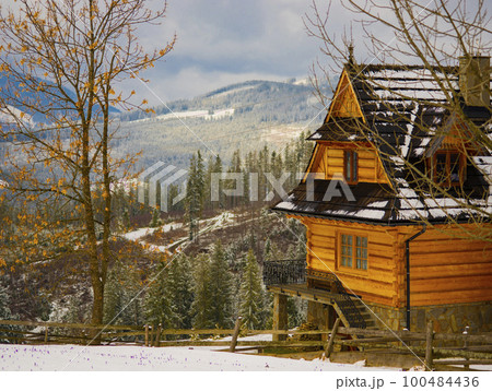 wooden houses in winter. Koscielisko Tatras, Poland 100484436