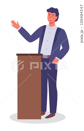 Executive man waving hand, greeting, show presentation, talking from tribune, office worker in suit Executive man waving hand, greeting, show presentation, talking from tribune, office worker in suit 100484547