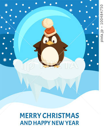 Penguin on Ice Floe in Santa Hat, Christmas Card 100484750