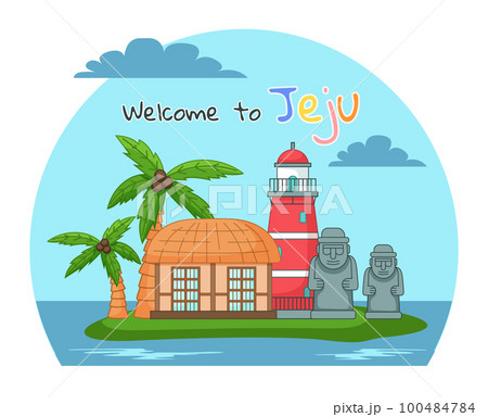 Welcome to Jeju island in South Korea, poster or banner, traditional landmarks, symbols, popular place Welcome to Jeju island in South Korea, poster or banner, traditional landmarks, symbols, popular place 100484784