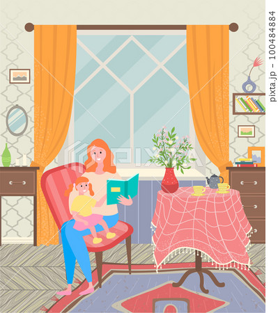 Mother and Daughter Reading Book in Living Room 100484884