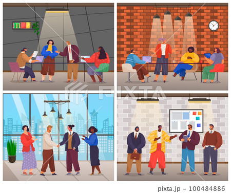 Office workers. Co-workers. Colleagues discuss project teamwork. Office staff work and communication 100484886