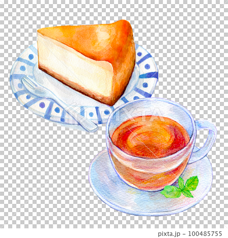紅茶セット　チーズケーキ　水彩イラスト 100485755
