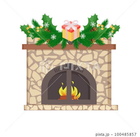Fireplace Decorated with Pine Branches Christmas 100485857
