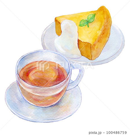 紅茶とケーキのセット 水彩イラスト 紅茶とケーキのセット 水彩イラスト 100486759