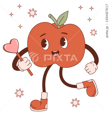 Groovy cartoon character apple. Retro vintage cute mascot fruit with heart. Vector illustration. 100487617