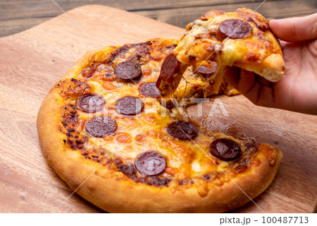 チーズとサラミの手作りピザ 100487713