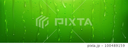 Water droplets and streams on green surface 100489159